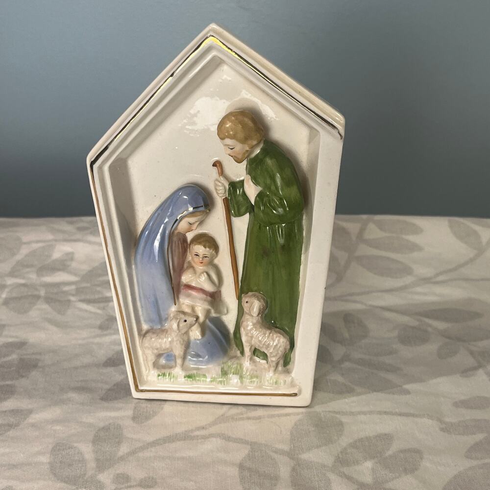 Vintage Sanmyro Japan Nativity Wall Plaque Ceramic Holy Family Christmas Decor